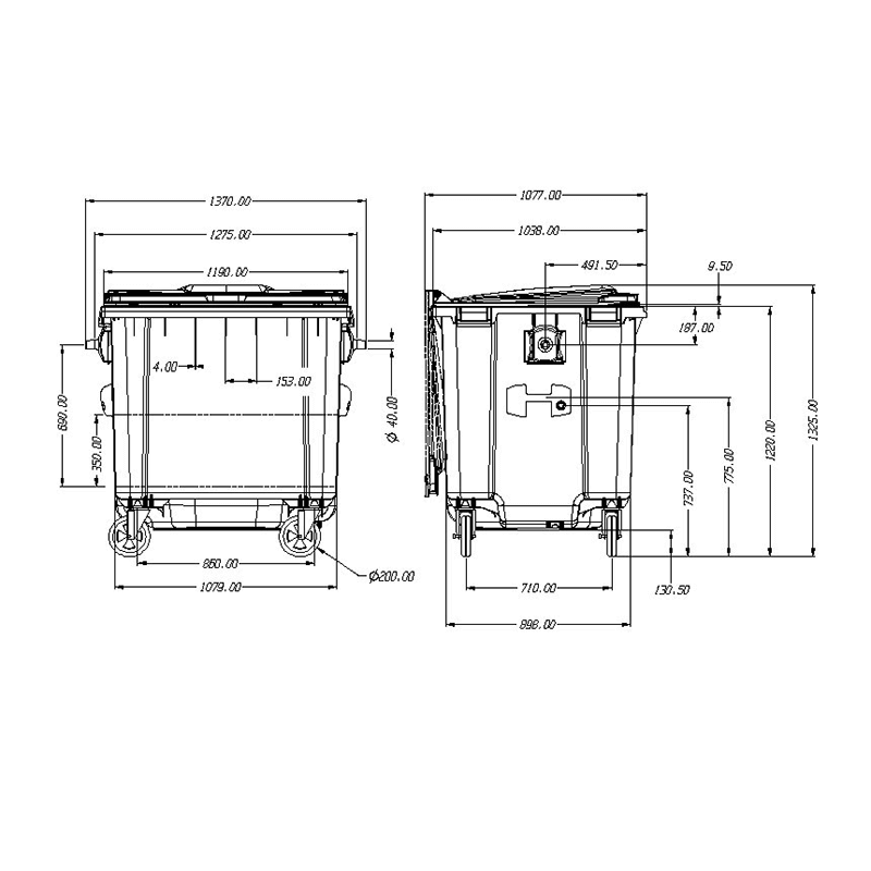 1100L Wheeled Bin - Flat Lid